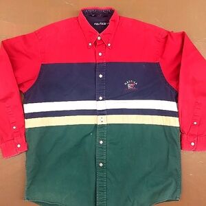 Nautica Men's Red and Green Colorblock Shirt